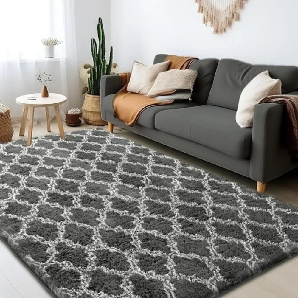 New 5x7 Shag Area Rug, Extra Soft High Pile Carpet for Room - Dark Grey/White